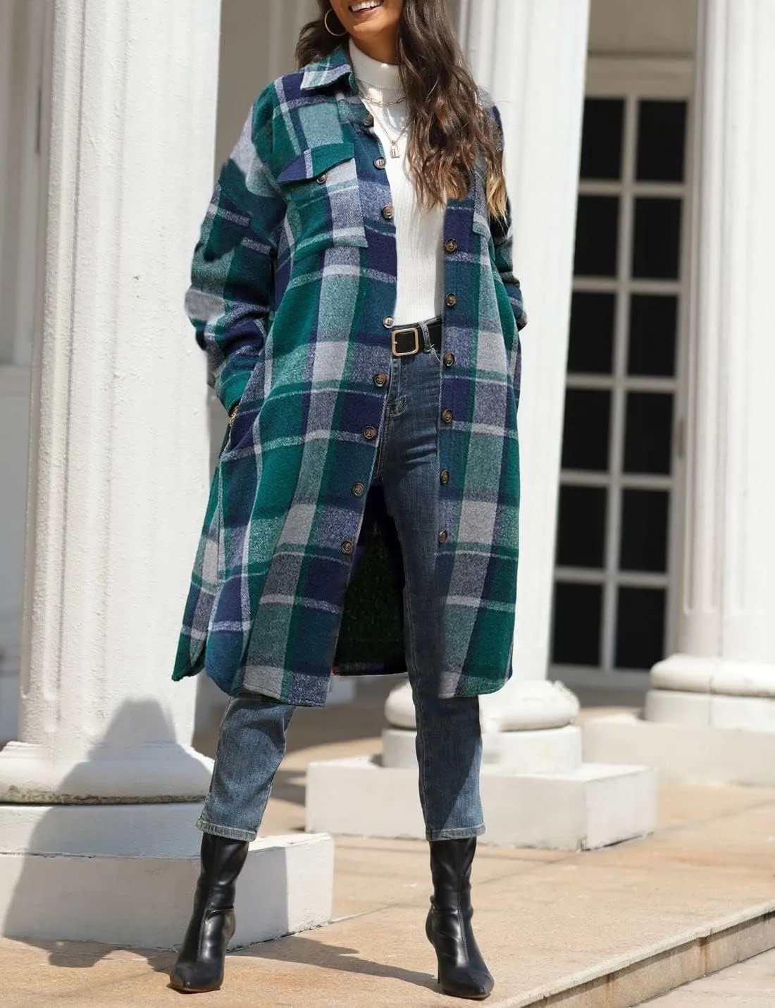 FindThy Women’s Long Plaid Shacket Wool Blend Button Down Shirt Jacket Coat with Pockets