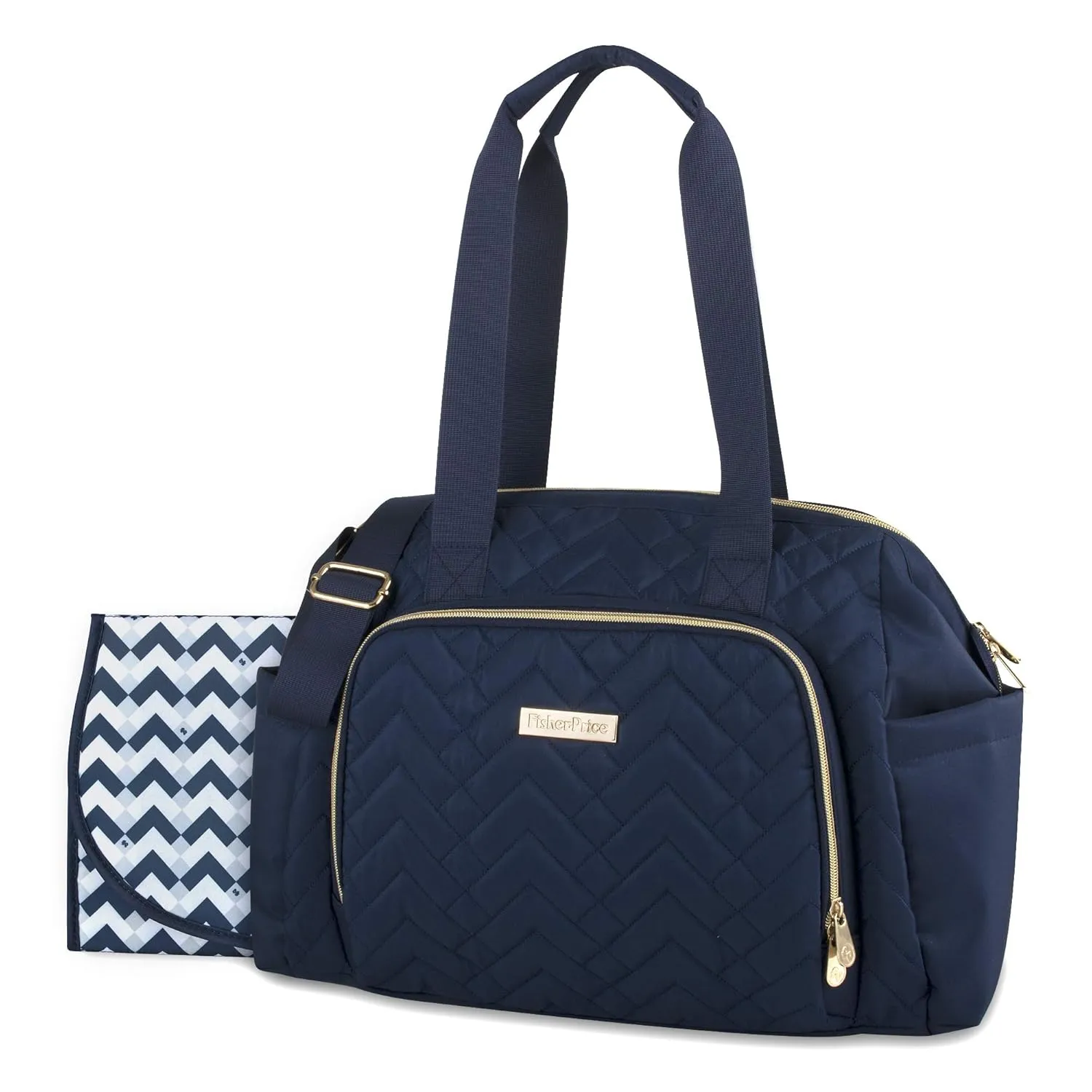 Fisher-Price Quilted Diaper Bag Tote & Convertible Crossbody with Adjustable Strap, Insulated Bottle Pocket, & Changing Pad