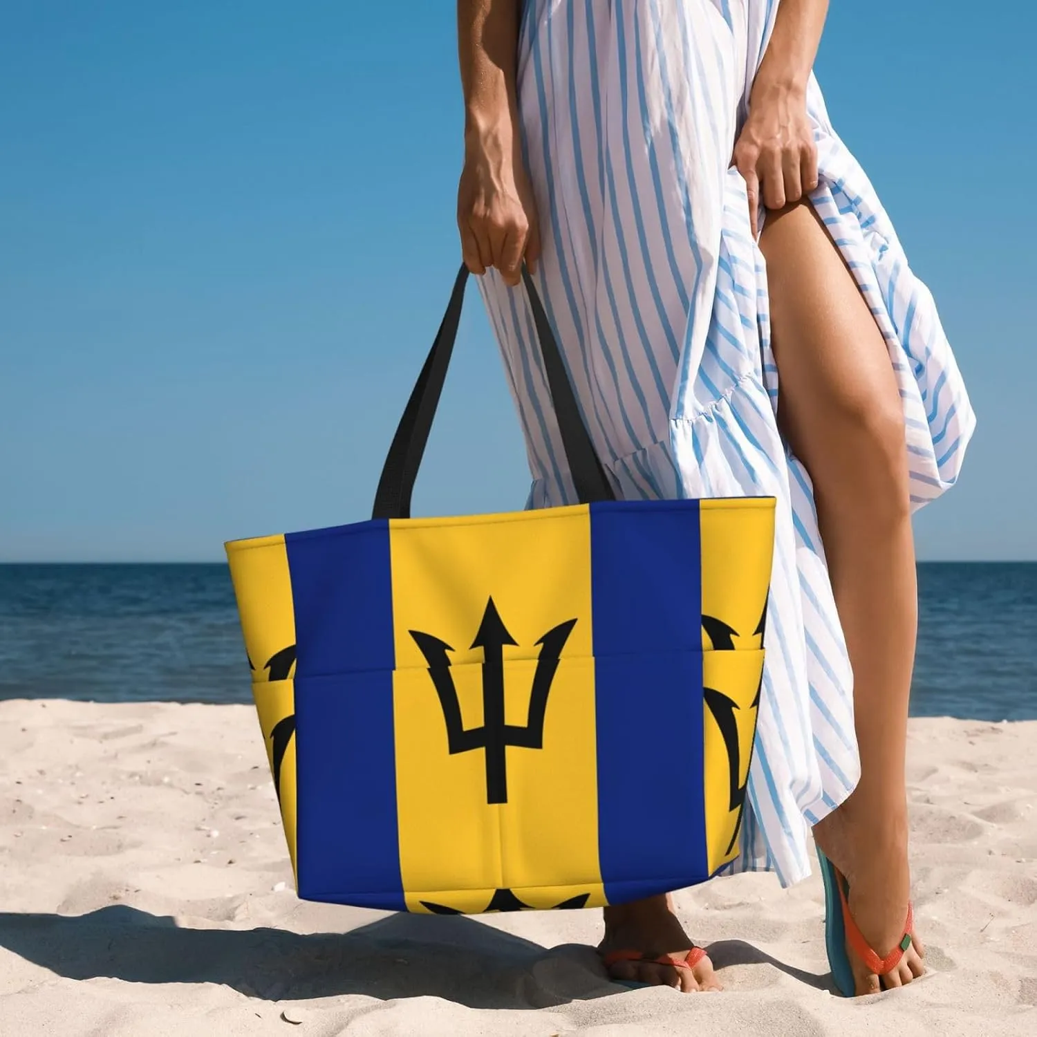 Flag Beach Tote Pool Bags for Women-Cute National Flag Large Grocery Tote Travel Reusable Handbags,7 Pockets, Zipper
