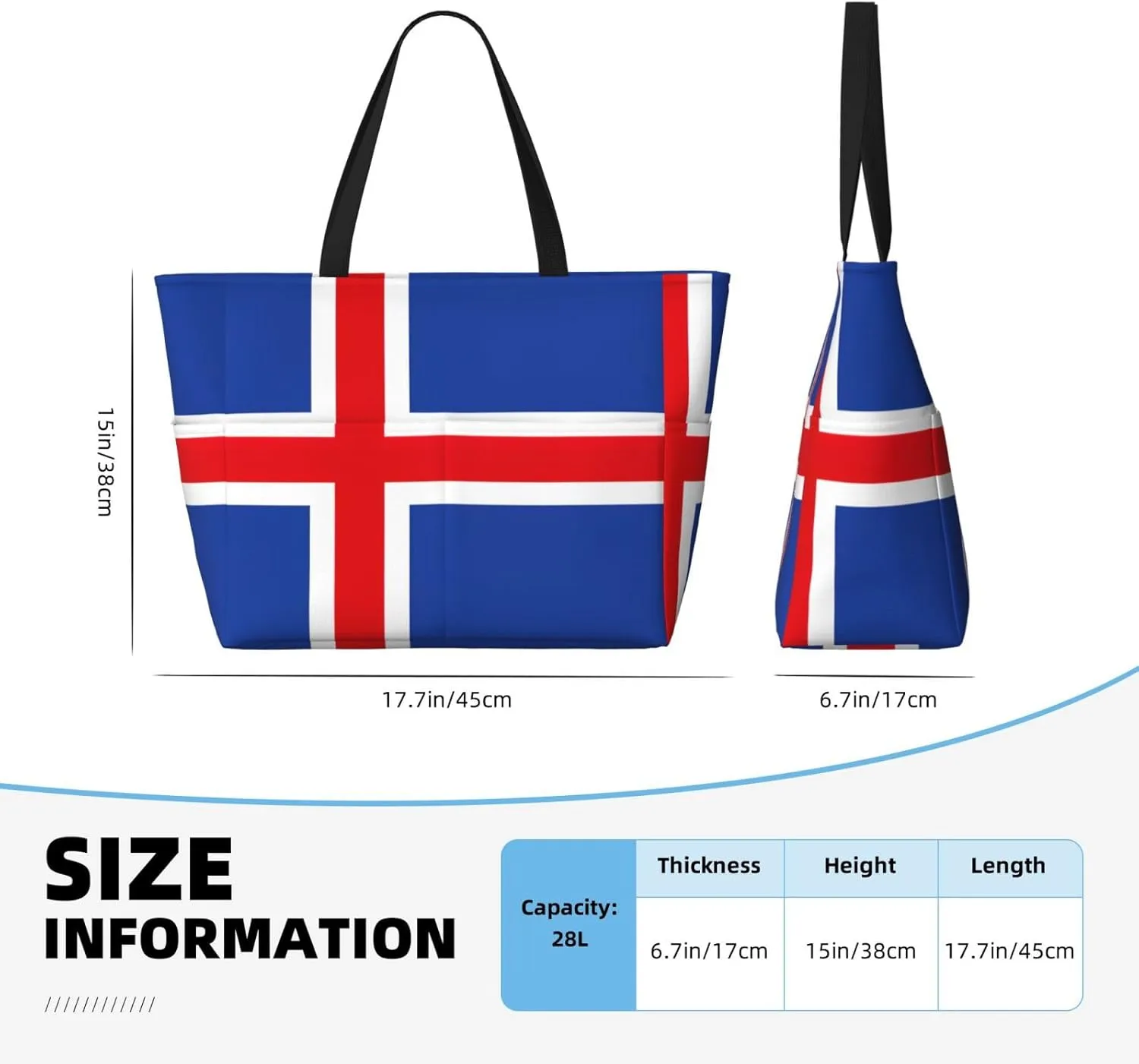 Flag Of Iceland Extra Large Tote Bag For Women,Foldable Beach Bag With Pocket Weekender Travel Overnight Bag