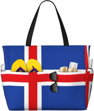 Flag Of Iceland Extra Large Tote Bag For Women,Foldable Beach Bag With Pocket Weekender Travel Overnight Bag