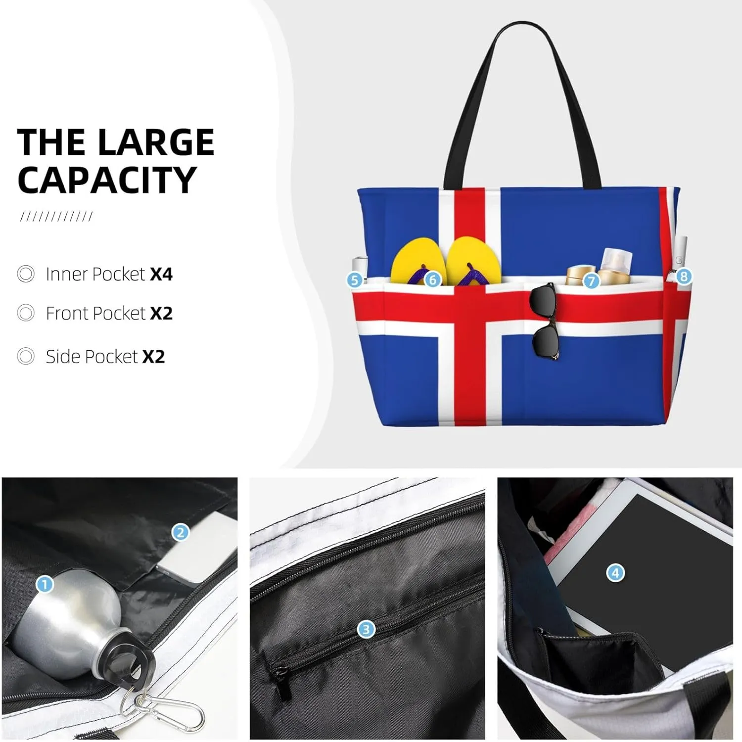 Flag Of Iceland Extra Large Tote Bag For Women,Foldable Beach Bag With Pocket Weekender Travel Overnight Bag