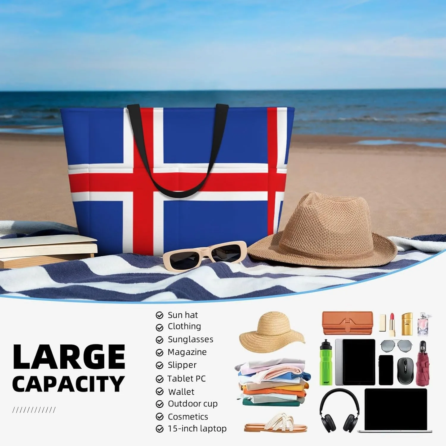 Flag Of Iceland Extra Large Tote Bag For Women,Foldable Beach Bag With Pocket Weekender Travel Overnight Bag