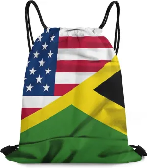 Flag of Jamaica And USA Drawstring Backpack Sports Gym Sackpack Water Resistant String Bag for Women Men