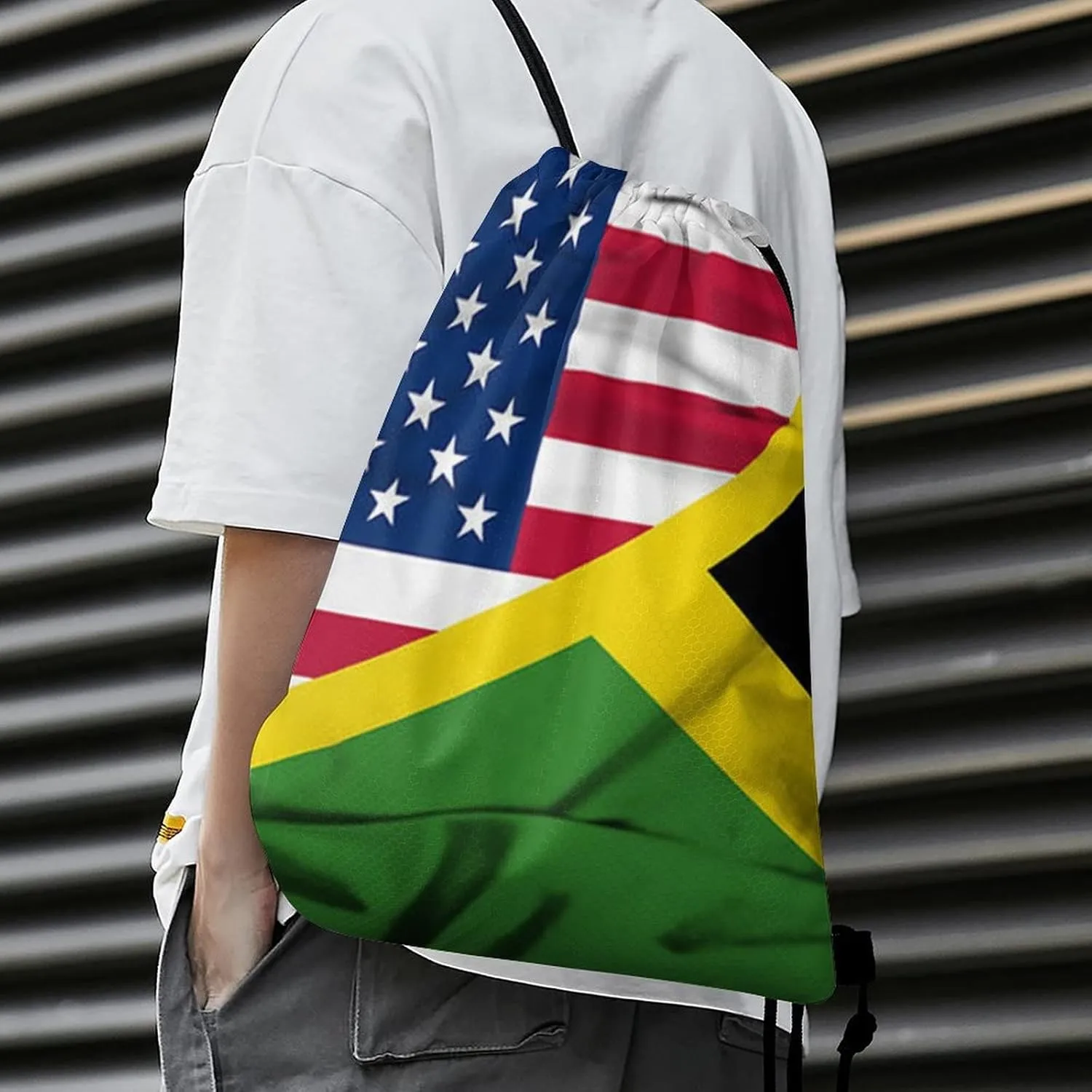 Flag of Jamaica And USA Drawstring Backpack Sports Gym Sackpack Water Resistant String Bag for Women Men