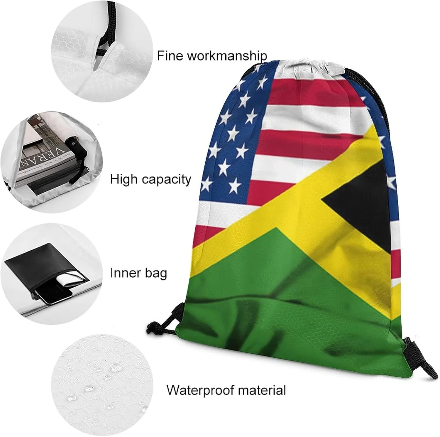 Flag of Jamaica And USA Drawstring Backpack Sports Gym Sackpack Water Resistant String Bag for Women Men