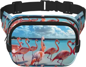 Flock of Pink Flamingos on The Beach Print Waist Purse Square Double Layer Waist Bag Unisex Workout Crossbody Designer Bag