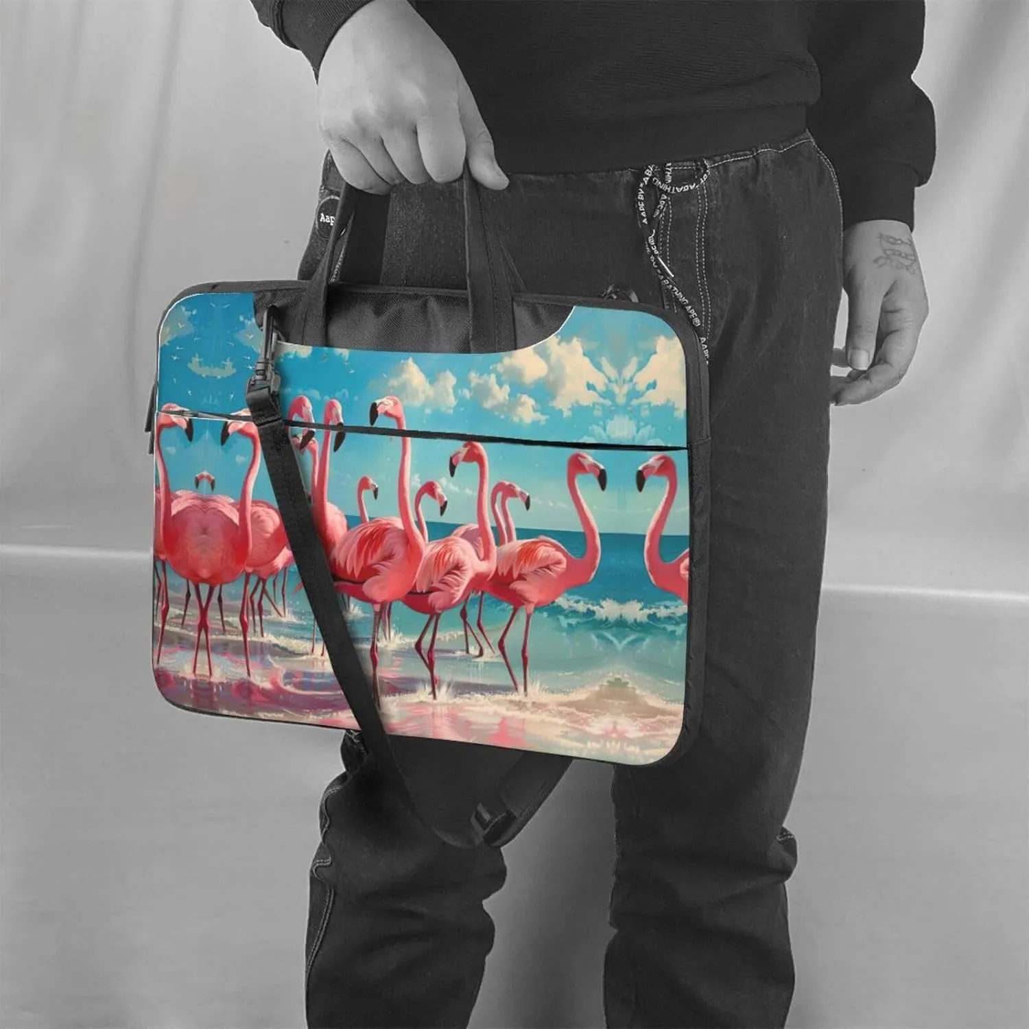 Flock of Red Flamingos on The Beach Print Work Casual Office Laptop Shoulder Messenger Bag 13 inch 14 inch 15.6 inch