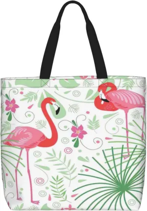 Floral Flamingo Botany Print Large Capacity Zipper Shoulder Tote Bag,Reusable Grocery,Beach and Travel Bag
