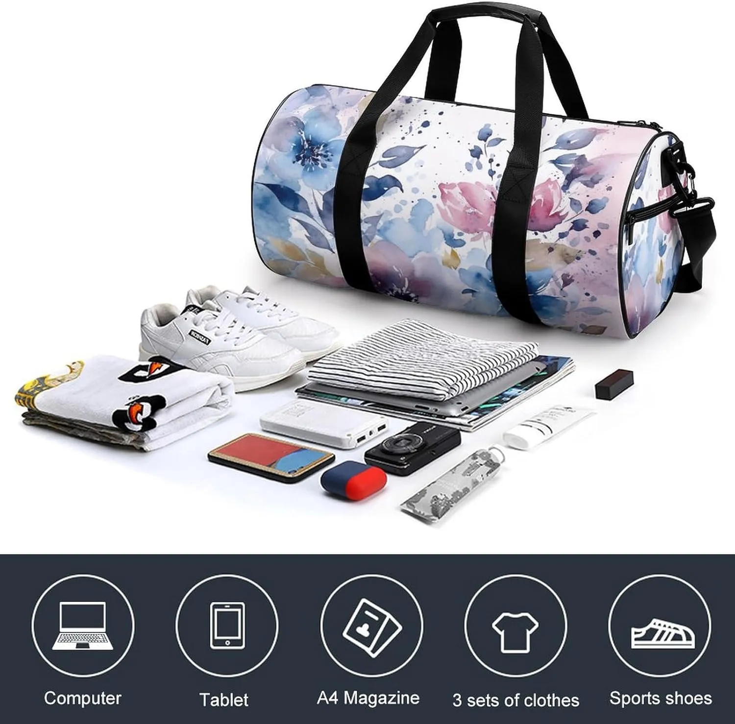 Floral Watercolor Painting Gym Bag Small Travel Duffle Bag with Compartment Carry On Weekender Bag for Women Men
