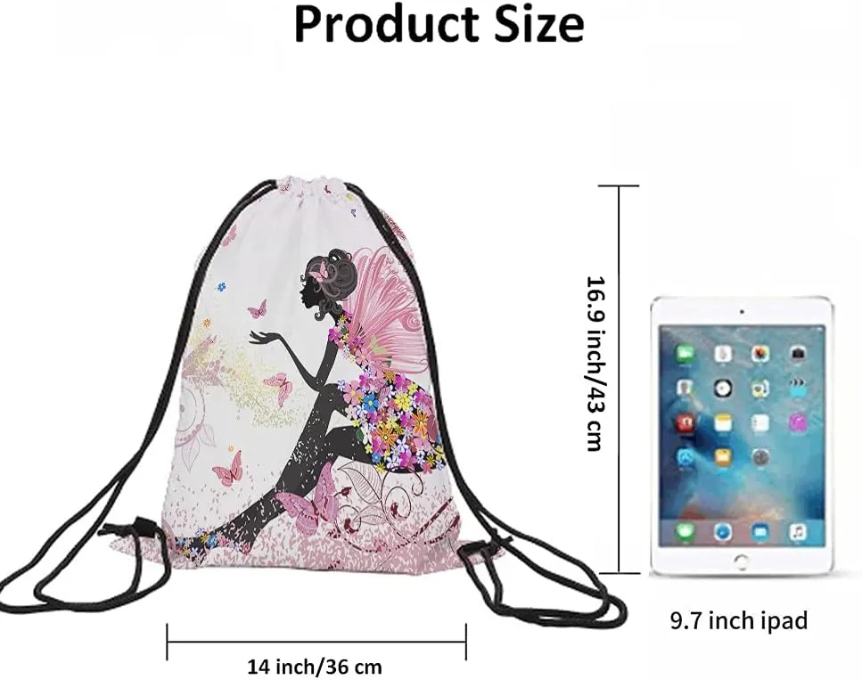 Flower Fairy Drawstring Bags Backpack Bag Beautiful Butterfly With Pink Wings Elves Wildfloral Leaves Sport Gym Sack Drawstring Bag String Bag Yoga Bag for Men Women