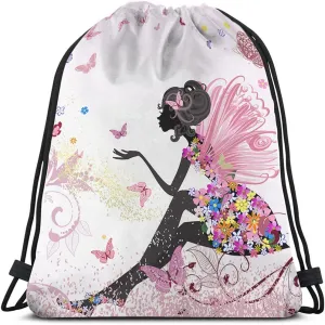 Flower Fairy Drawstring Bags Backpack Bag Beautiful Butterfly With Pink Wings Elves Wildfloral Leaves Sport Gym Sack Drawstring Bag String Bag Yoga Bag for Men Women