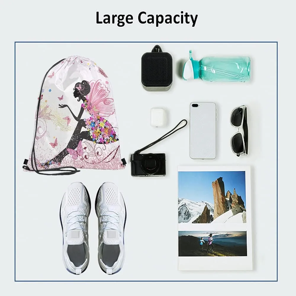 Flower Fairy Drawstring Bags Backpack Bag Beautiful Butterfly With Pink Wings Elves Wildfloral Leaves Sport Gym Sack Drawstring Bag String Bag Yoga Bag for Men Women