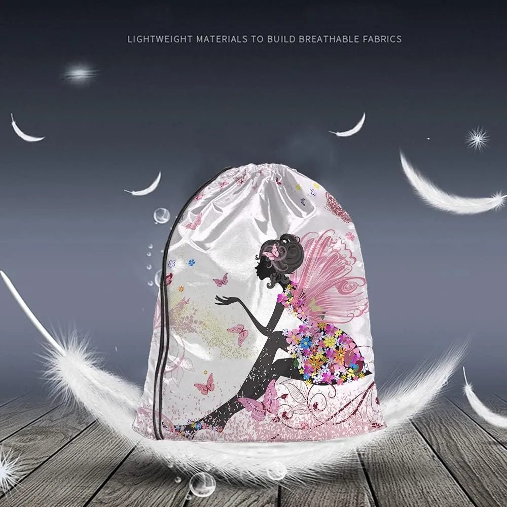 Flower Fairy Drawstring Bags Backpack Bag Beautiful Butterfly With Pink Wings Elves Wildfloral Leaves Sport Gym Sack Drawstring Bag String Bag Yoga Bag for Men Women
