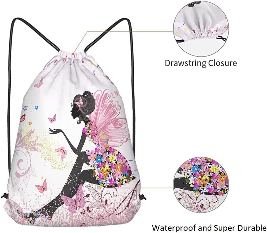Flower Fairy Drawstring Bags Backpack Bag Beautiful Butterfly With Pink Wings Elves Wildfloral Leaves Sport Gym Sack Drawstring Bag String Bag Yoga Bag for Men Women
