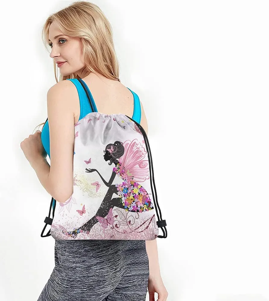 Flower Fairy Drawstring Bags Backpack Bag Beautiful Butterfly With Pink Wings Elves Wildfloral Leaves Sport Gym Sack Drawstring Bag String Bag Yoga Bag for Men Women