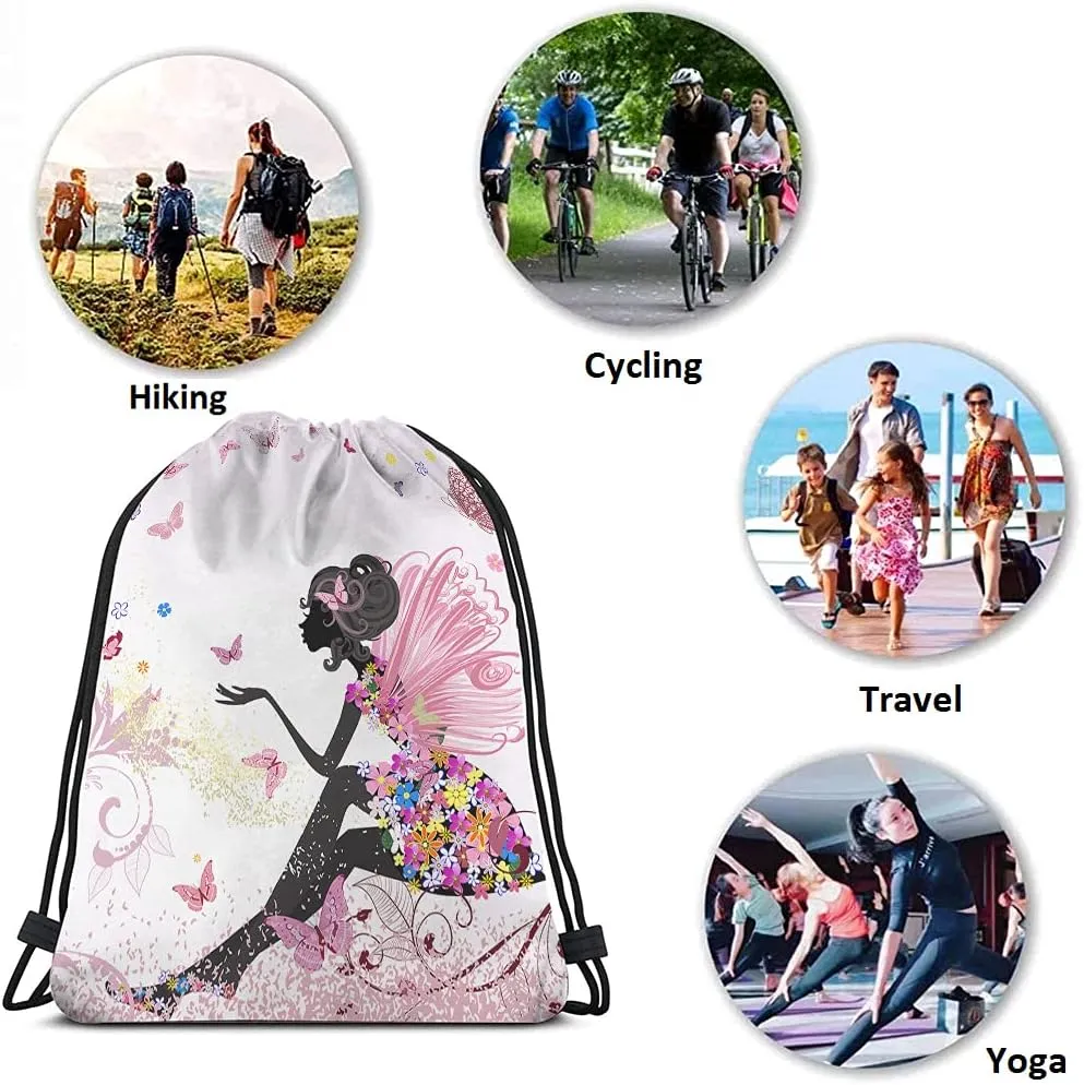 Flower Fairy Drawstring Bags Backpack Bag Beautiful Butterfly With Pink Wings Elves Wildfloral Leaves Sport Gym Sack Drawstring Bag String Bag Yoga Bag for Men Women