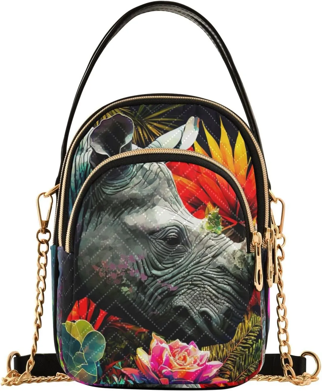 Flower Rhinoceros Print Women‘s Shoulder Handbag Crossbody Purse Stylish Ladies Shoulder Bag Top Handle Satchel