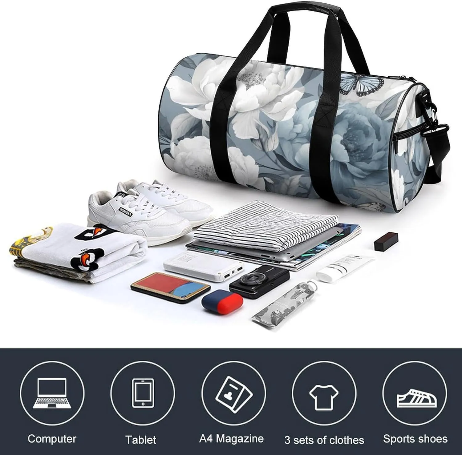 Flowers And Butterflies Gym Bag Small Travel Duffle Bag with Compartment Carry On Weekender Bag for Women Men