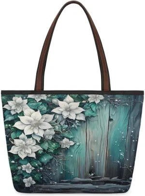 Flowers Green Planks Tote Bag Tote for Women Zipper Womens Handbags Tote Bag for Work Shopping Travel