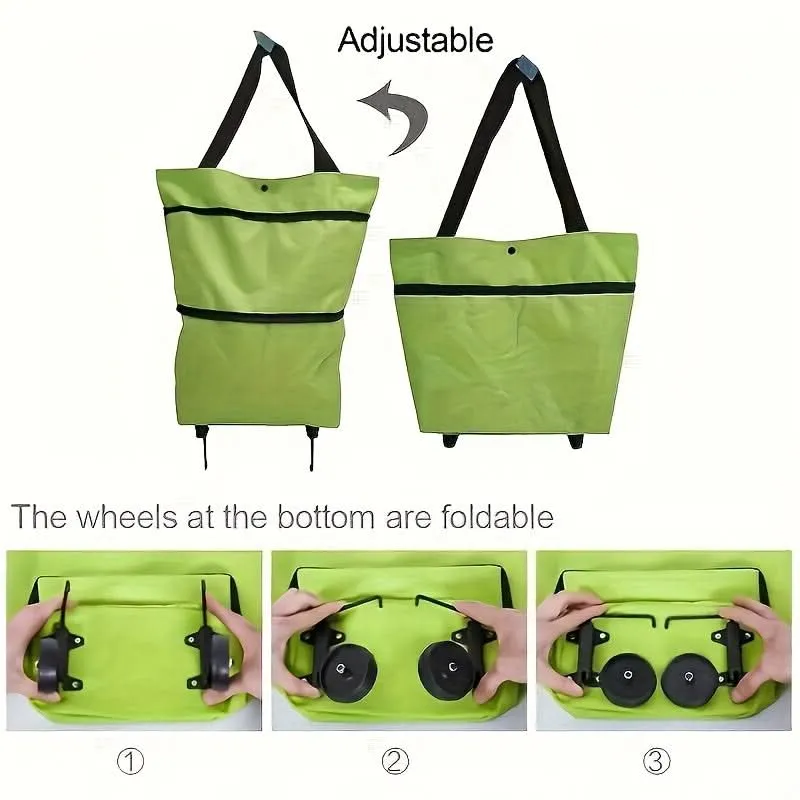 Foldable Shopping Cart Tote with Wheels – Waterproof Nylon Grocery Bag