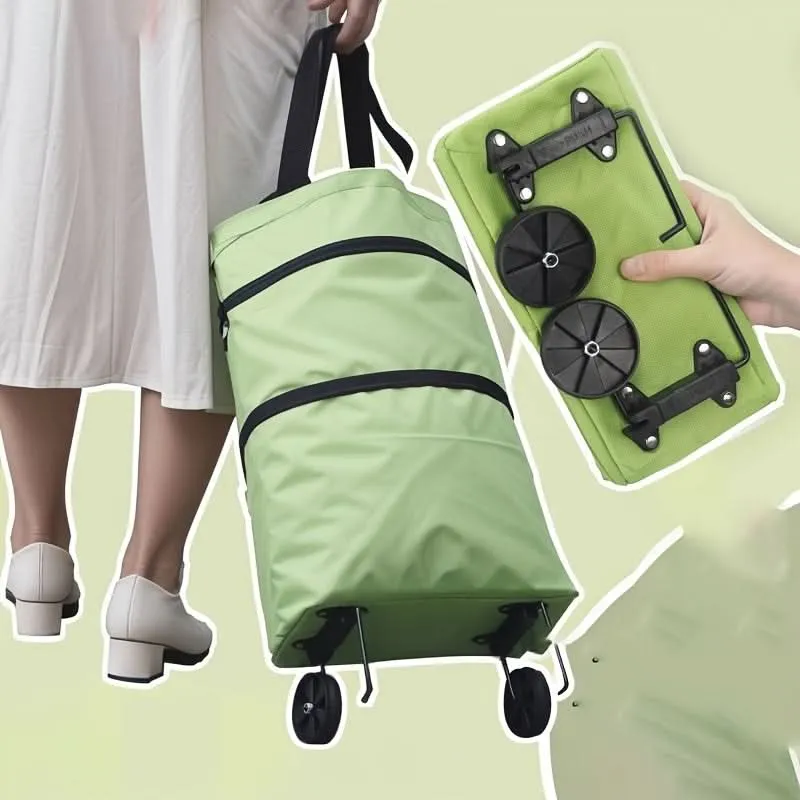 Foldable Shopping Cart Tote with Wheels – Waterproof Nylon Grocery Bag