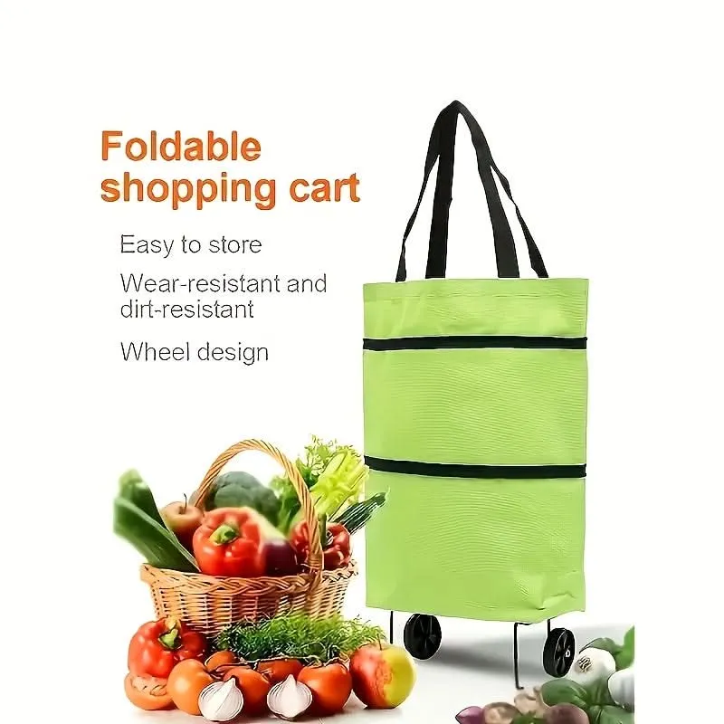 Foldable Shopping Cart Tote with Wheels – Waterproof Nylon Grocery Bag