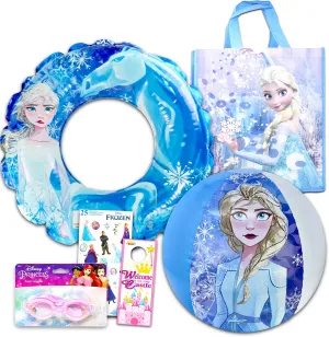 Frozen Inflatable Toy Set - Elsa Pool Toy Bundle with Swim Ring, Beach Ball, Goggles, Tote, Stickers, and More | Disney Activity Kit