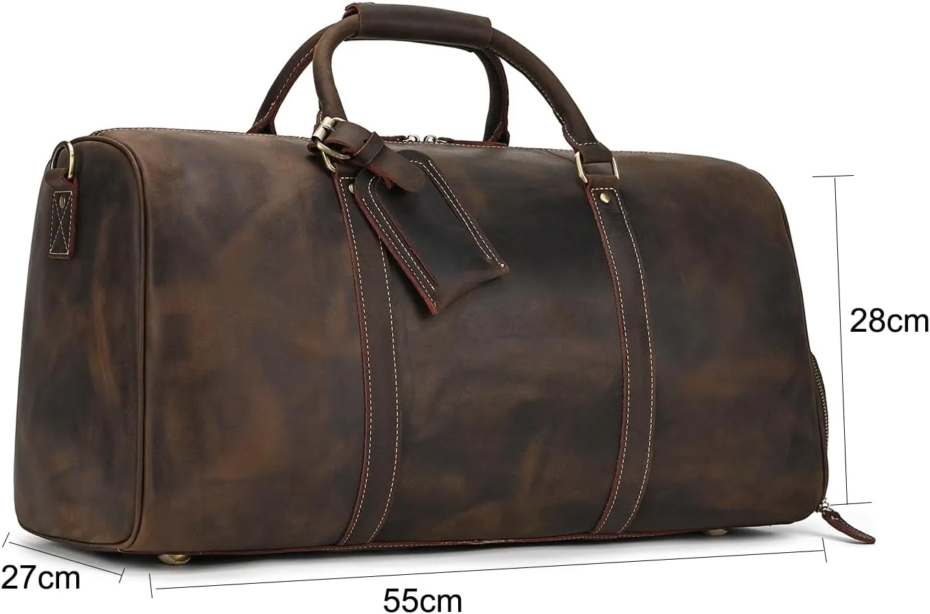 Full-grain Leather Travel Bag Large Capacity Duffel Luggage Bag with Shoe Compartment, Men Women Shoulder Handbag for Weekend Holiday Business Trip 45L, Dark Brown