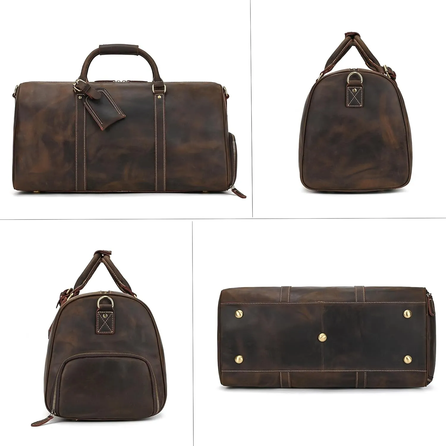 Full-grain Leather Travel Bag Large Capacity Duffel Luggage Bag with Shoe Compartment, Men Women Shoulder Handbag for Weekend Holiday Business Trip 45L, Dark Brown