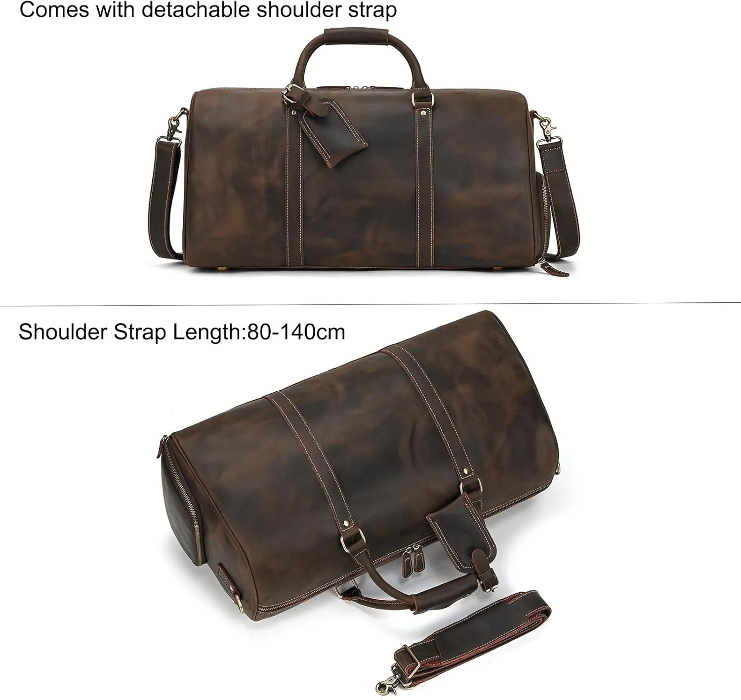 Full-grain Leather Travel Bag Large Capacity Duffel Luggage Bag with Shoe Compartment, Men Women Shoulder Handbag for Weekend Holiday Business Trip 45L, Dark Brown
