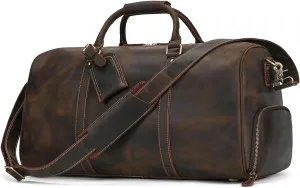 Full-grain Leather Travel Bag Large Capacity Duffel Luggage Bag with Shoe Compartment, Men Women Shoulder Handbag for Weekend Holiday Business Trip 45L, Dark Brown