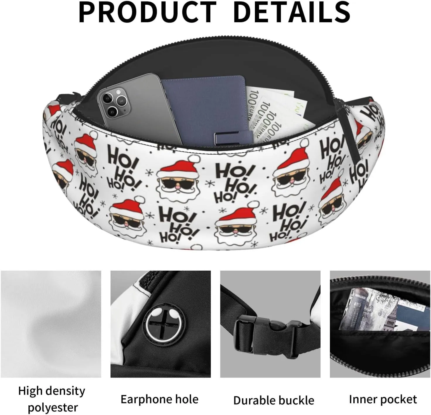 Funny Christmas Santa Claus Fanny Pack Crossbody Waist Bag Pack for Men Women. Belt Bag for Travel Walking Running Hiking Fishing.