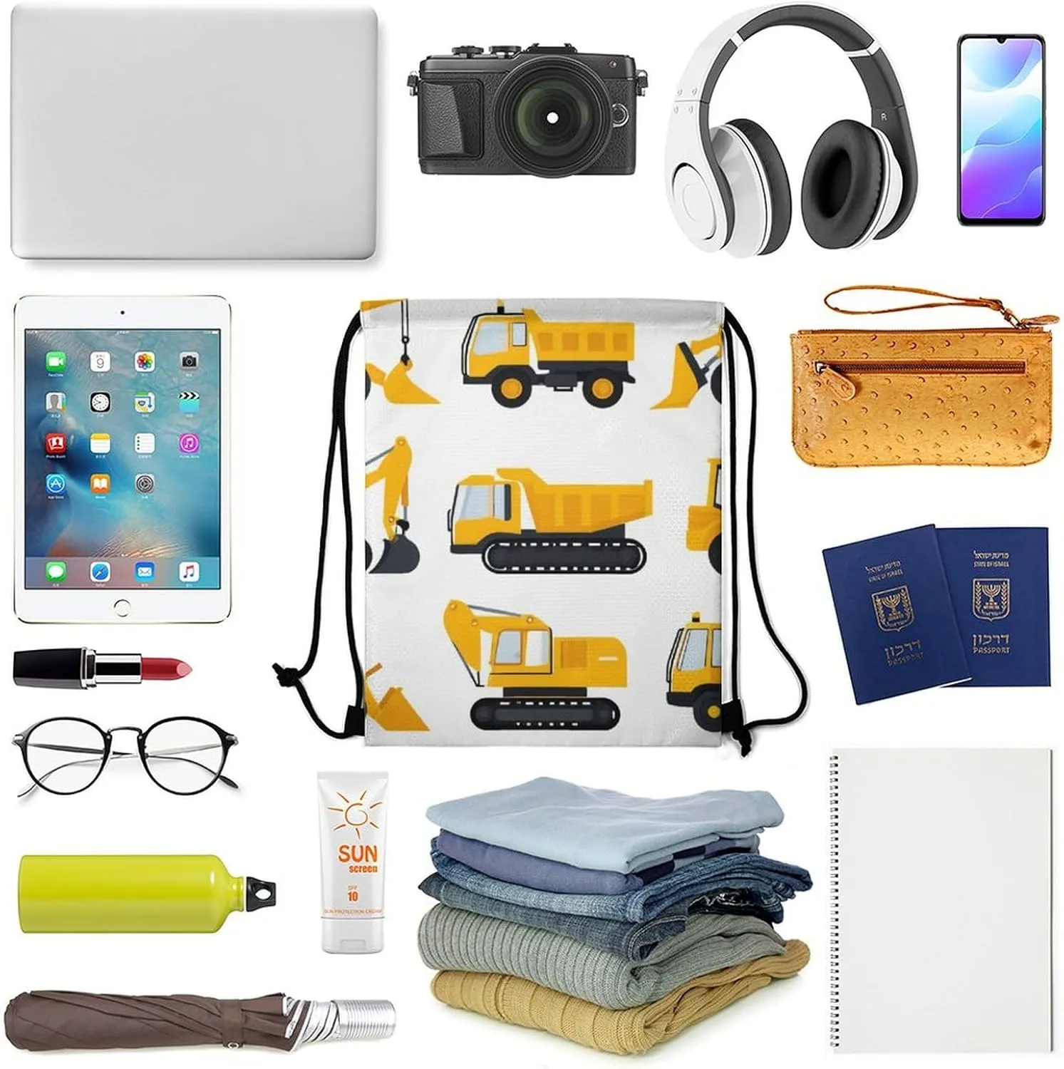 Funny Construction Equipment Forklifts Cranes Excavators Tractors Bulldozers Trucks Shoulder Bag, Adults Durable Lightweight Crossbody Bag, Large Capacity Storage Pouch Drawstring Bags for Travel