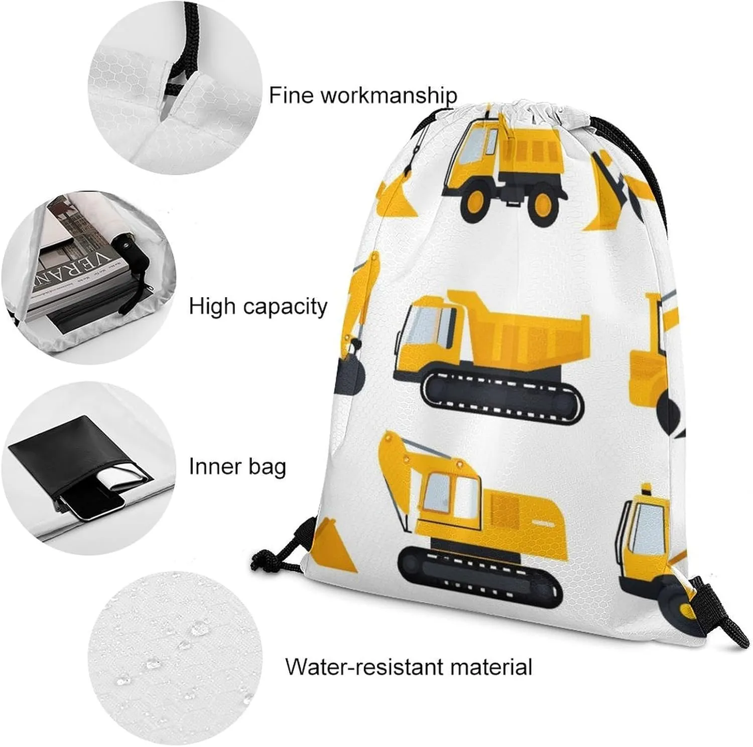 Funny Construction Equipment Forklifts Cranes Excavators Tractors Bulldozers Trucks Shoulder Bag, Adults Durable Lightweight Crossbody Bag, Large Capacity Storage Pouch Drawstring Bags for Travel