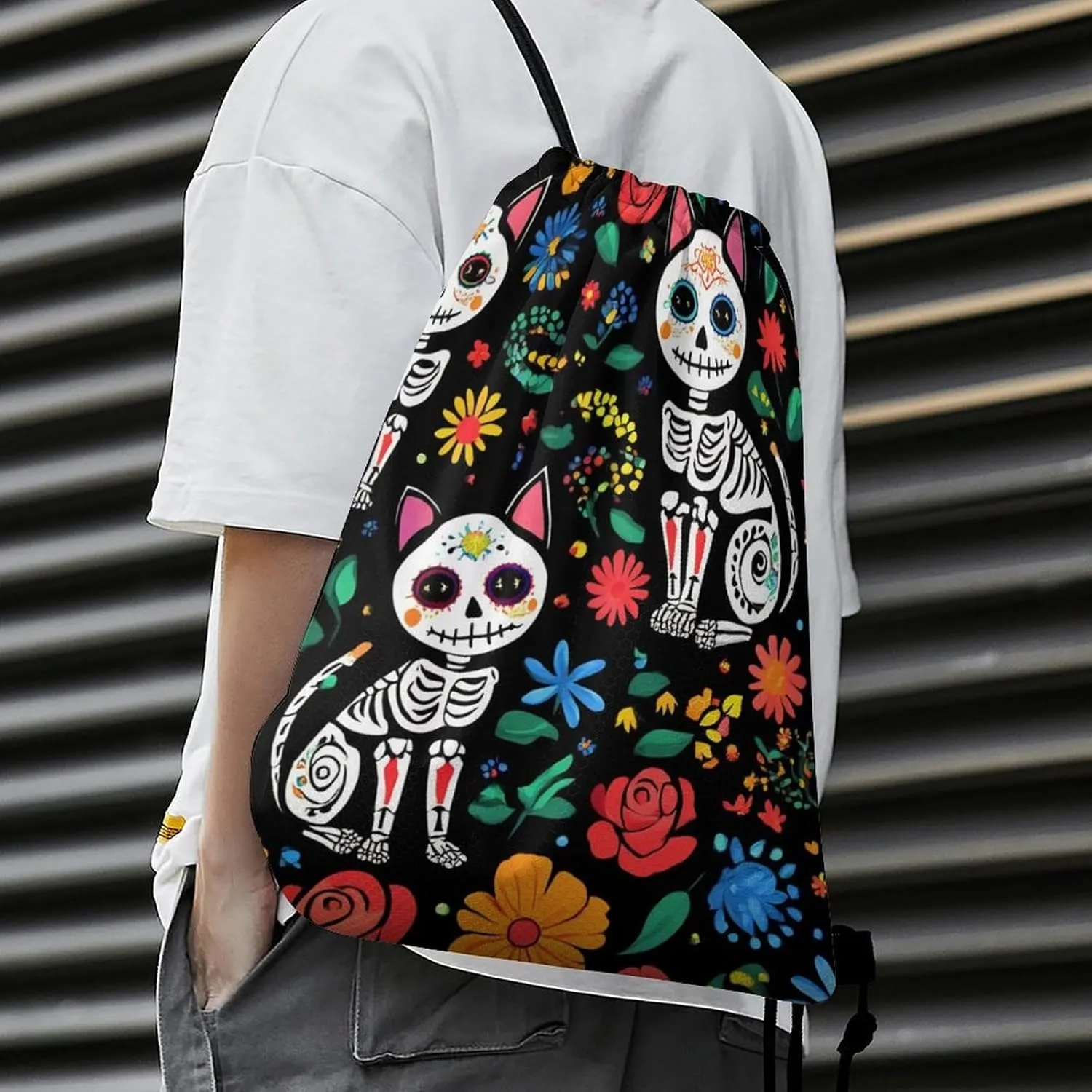 Funny Day of The Dead Black Cat Rose Sugar Skull Skeleton Tote Bag Drawstring Backpack, Women and Men Sports Gym Bags for Hiking, Cycling, Lightweight Large Capacity HandBag