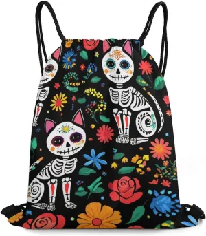 Funny Day of The Dead Black Cat Rose Sugar Skull Skeleton Tote Bag Drawstring Backpack, Women and Men Sports Gym Bags for Hiking, Cycling, Lightweight Large Capacity HandBag