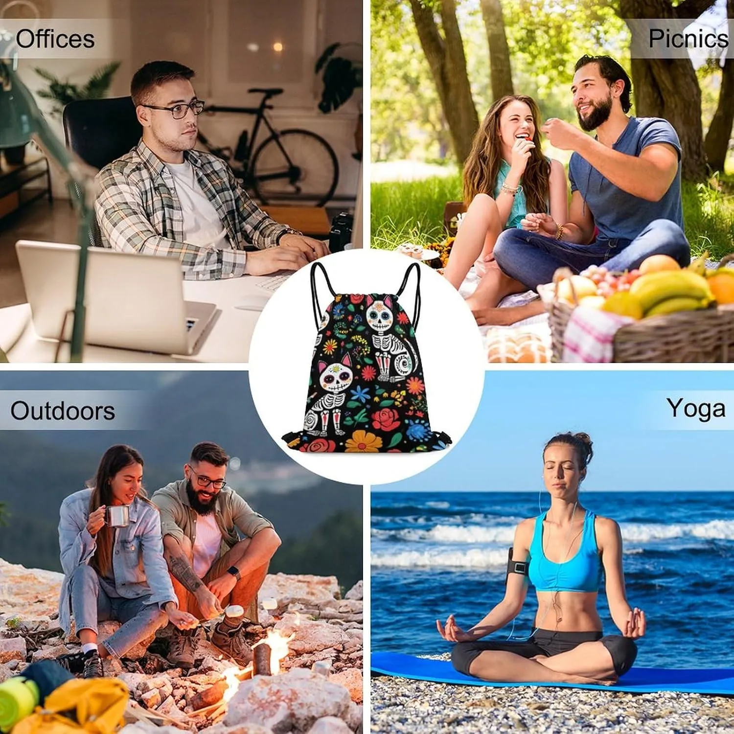 Funny Day of The Dead Black Cat Rose Sugar Skull Skeleton Tote Bag Drawstring Backpack, Women and Men Sports Gym Bags for Hiking, Cycling, Lightweight Large Capacity HandBag