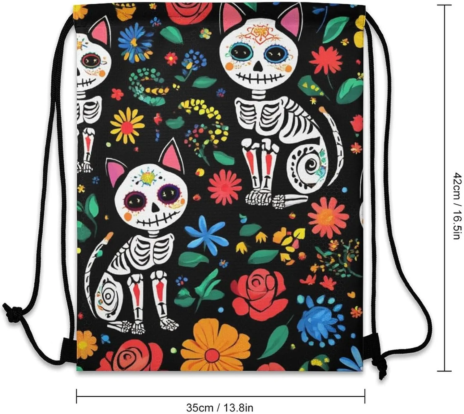 Funny Day of The Dead Black Cat Rose Sugar Skull Skeleton Tote Bag Drawstring Backpack, Women and Men Sports Gym Bags for Hiking, Cycling, Lightweight Large Capacity HandBag