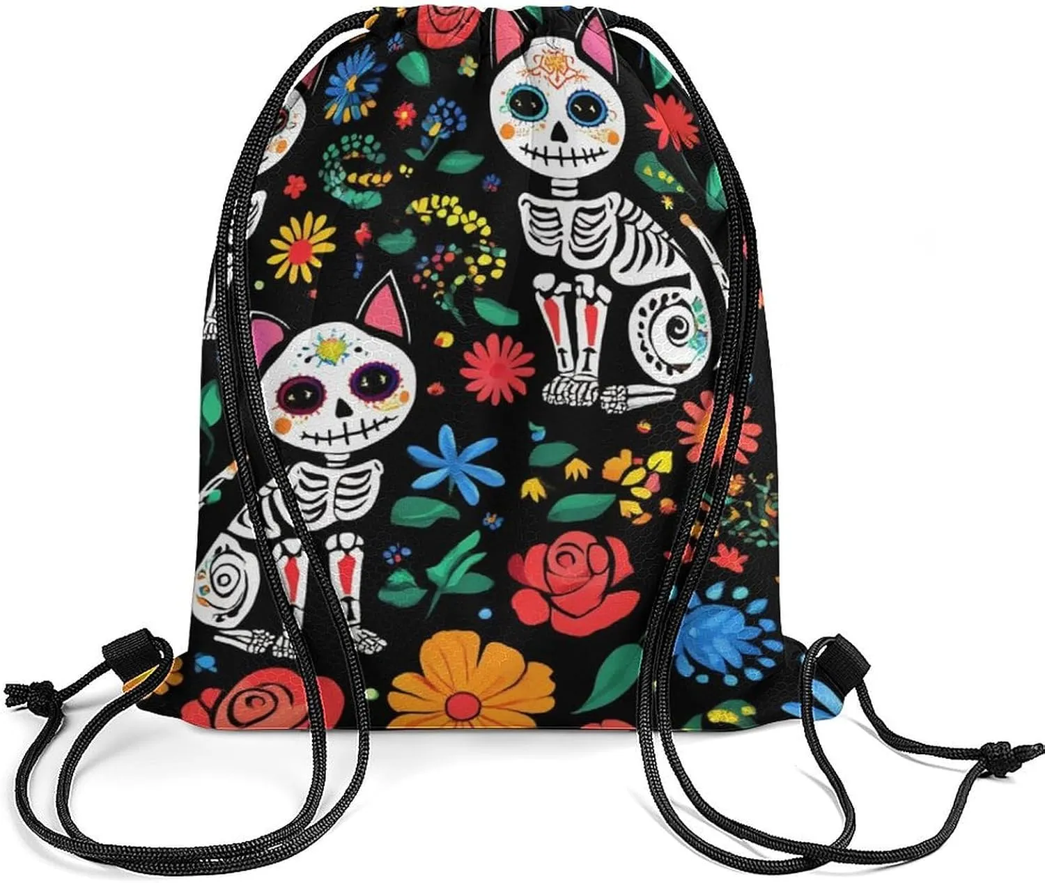 Funny Day of The Dead Black Cat Rose Sugar Skull Skeleton Tote Bag Drawstring Backpack, Women and Men Sports Gym Bags for Hiking, Cycling, Lightweight Large Capacity HandBag