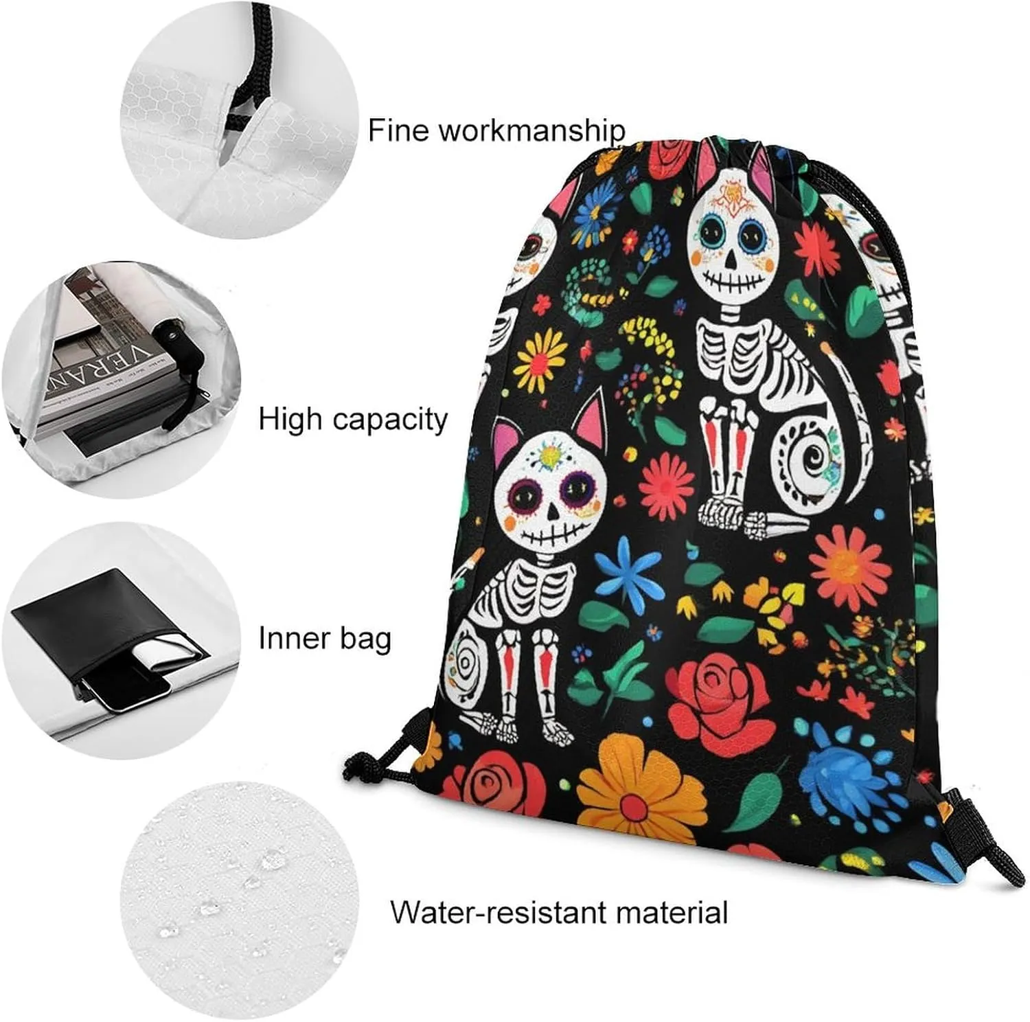 Funny Day of The Dead Black Cat Rose Sugar Skull Skeleton Tote Bag Drawstring Backpack, Women and Men Sports Gym Bags for Hiking, Cycling, Lightweight Large Capacity HandBag