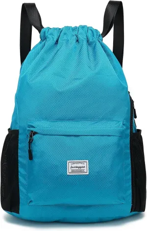 FUXINGYAO Drawstring Backpack Sports Gym Bag with Shoes Compartment, String Backpack Cinch for Women Men (light blue)