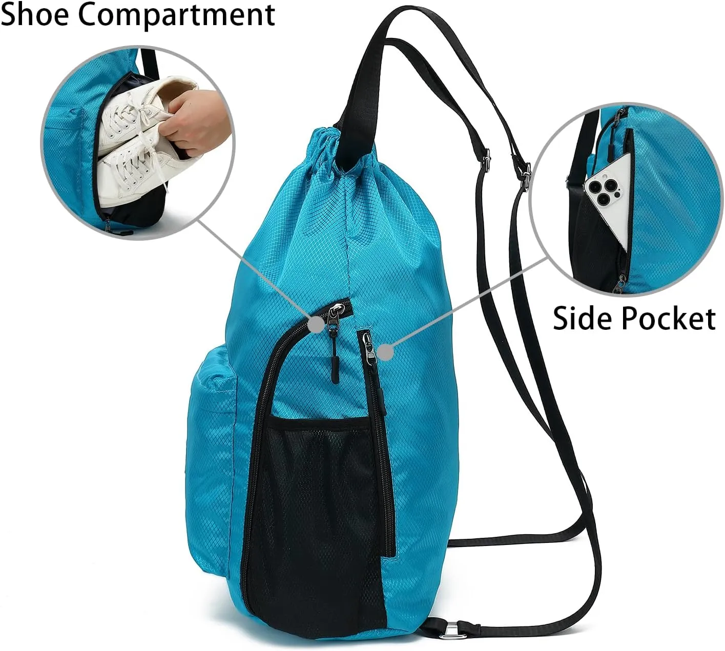 FUXINGYAO Drawstring Backpack Sports Gym Bag with Shoes Compartment, String Backpack Cinch for Women Men (light blue)