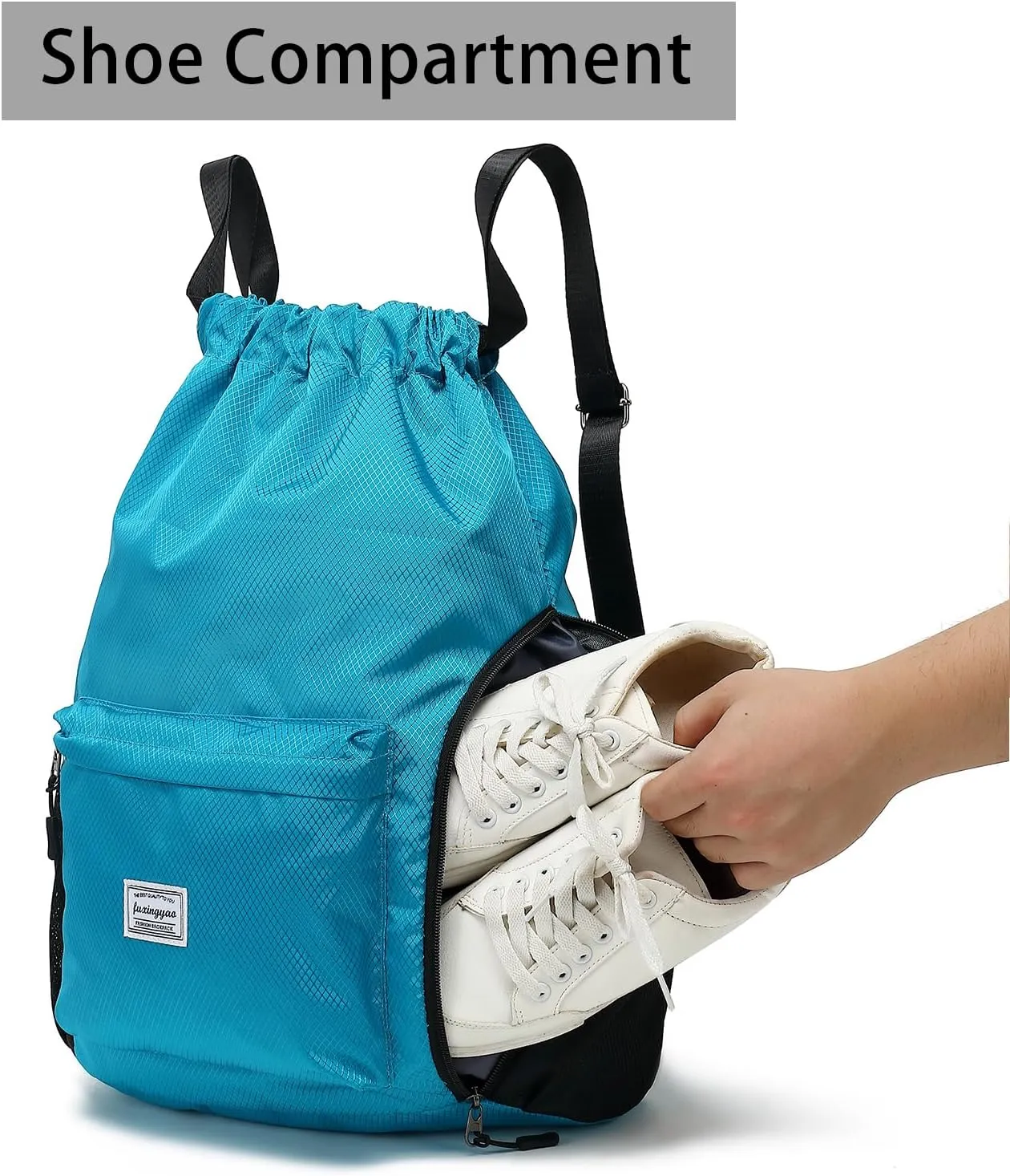 FUXINGYAO Drawstring Backpack Sports Gym Bag with Shoes Compartment, String Backpack Cinch for Women Men (light blue)