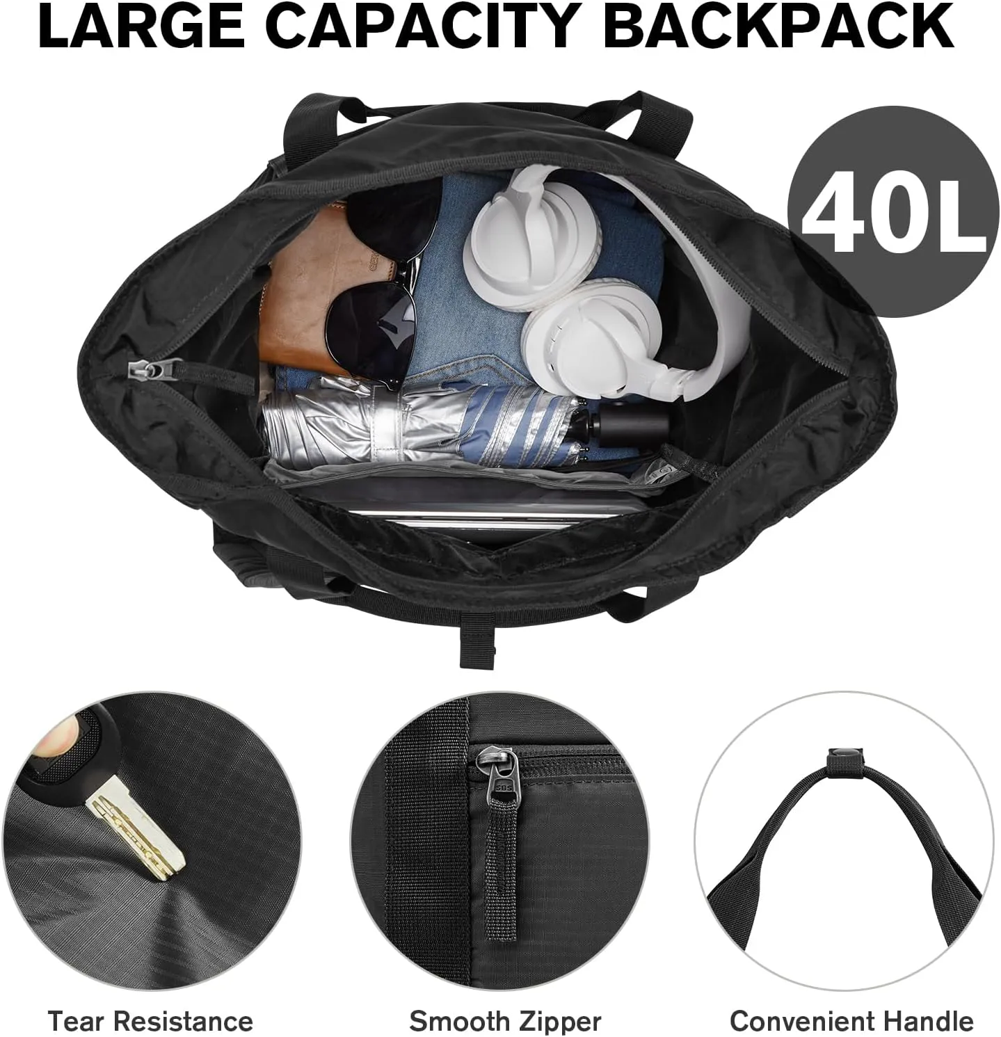 G4Free 40L Packable Backpack Waterproof Tote Bag Convertible Large Lightweight Hiking Backpack Travel Casual Daypack for Maen Women(Black)
