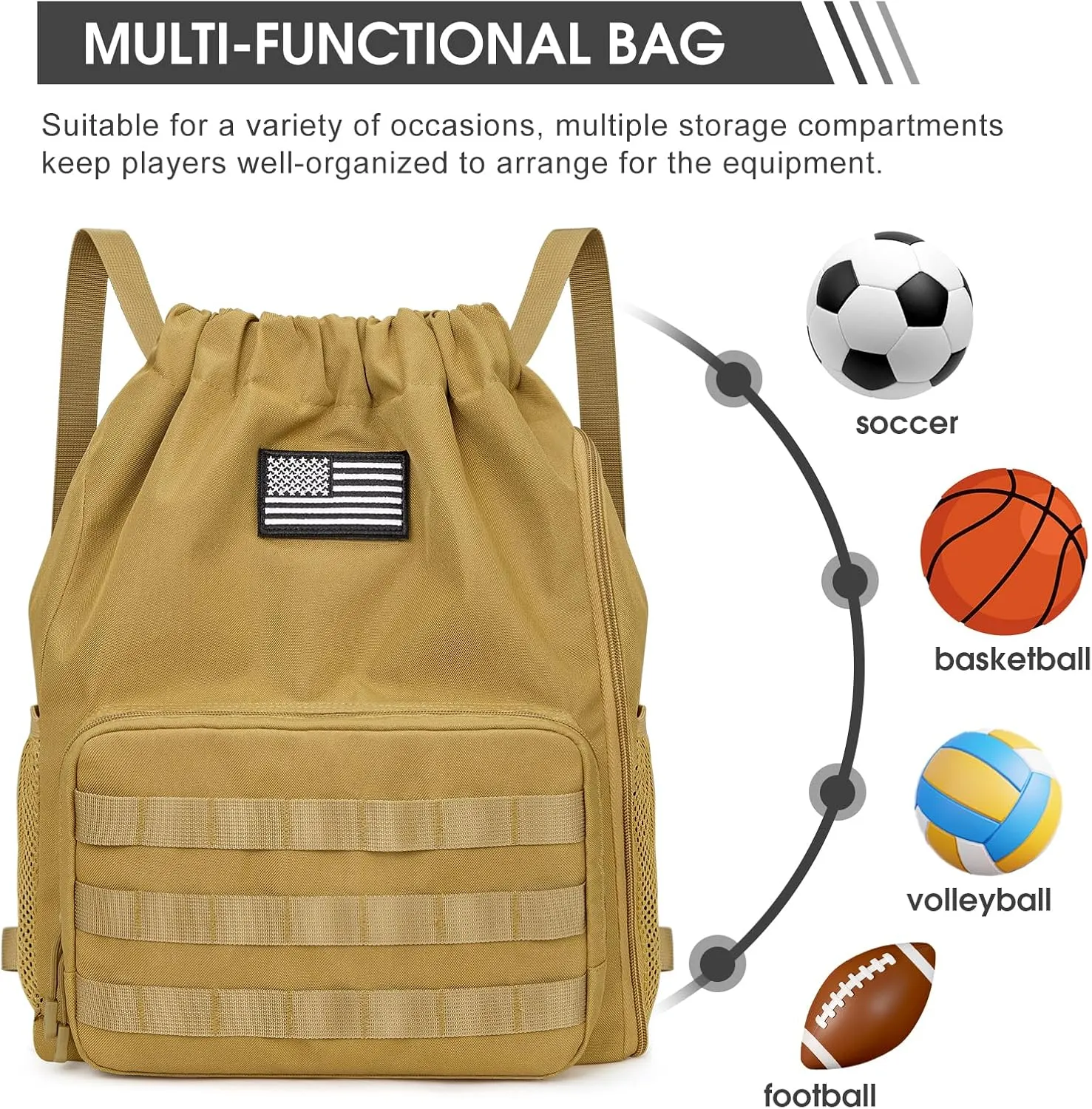 G4Free Drawstring Backpack Gym Backpack Soccer Basketball Bag with Shoes Compartment Tactical Water-Resistant String Sports Bag for Men Women(Tan)