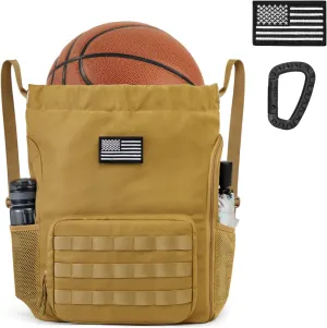 G4Free Drawstring Backpack Gym Backpack Soccer Basketball Bag with Shoes Compartment Tactical Water-Resistant String Sports Bag for Men Women(Tan)