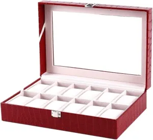 GaRcan Watch Case Watch Storage Box Red Crocodile Pattern PU Leather Watch Box Clear Top Metal Buckle Watches Storage Case Watch Box, 30.3 * 20.5 * 8cm