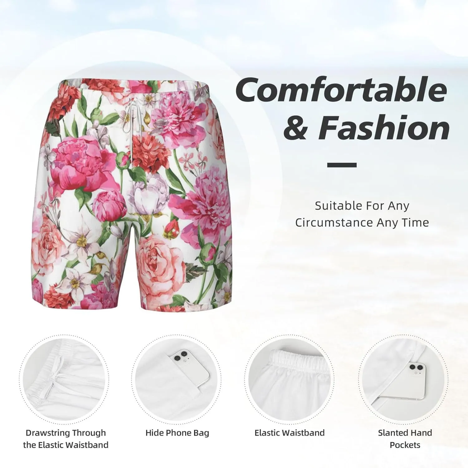 Garden Peony Print Men's Double Layer Swim Shorts, Gym Workout Shorts with Pocket