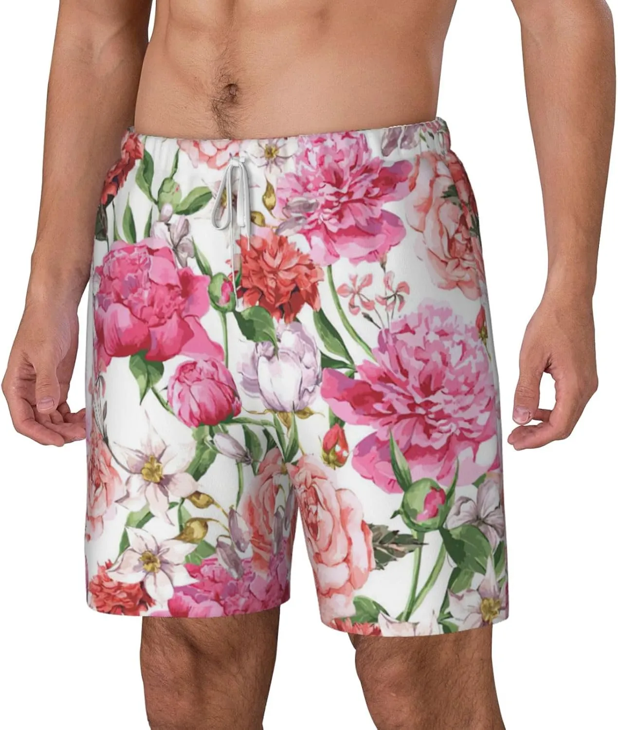 Garden Peony Print Men's Double Layer Swim Shorts, Gym Workout Shorts with Pocket